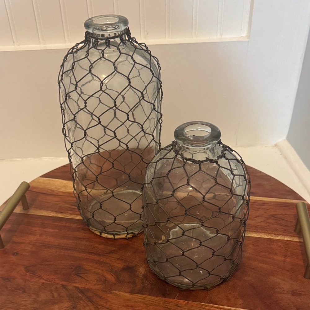 Vintage Farmhouse Glass Bottles w/ Chicken Wire Rustic Cottage Decor Set